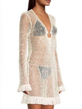 NWT Ramy Brook Crochet Sequin Cover Up Dress M White Mini Sheer Beach Resort